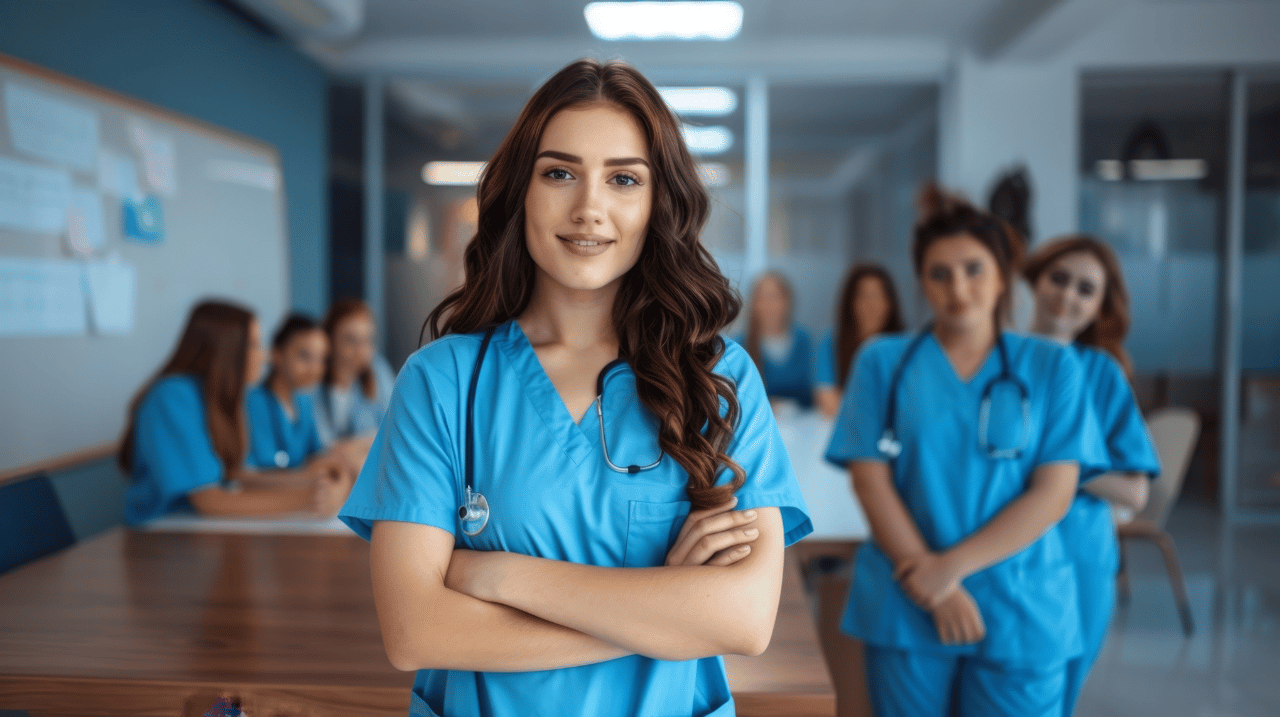 A diverse group of cheerful nursing assistant students in blue scrubs collaborate and train together in a modern classroom setting, illustrating the varied CNA program options.