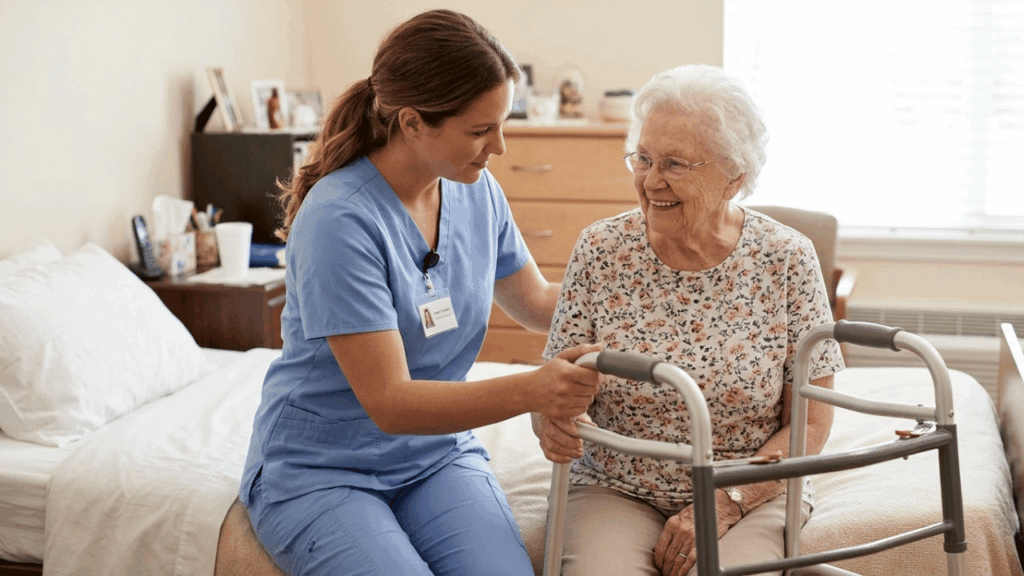 A CNA in blue scrubs helps an elderly woman use a walker in a care facility room.