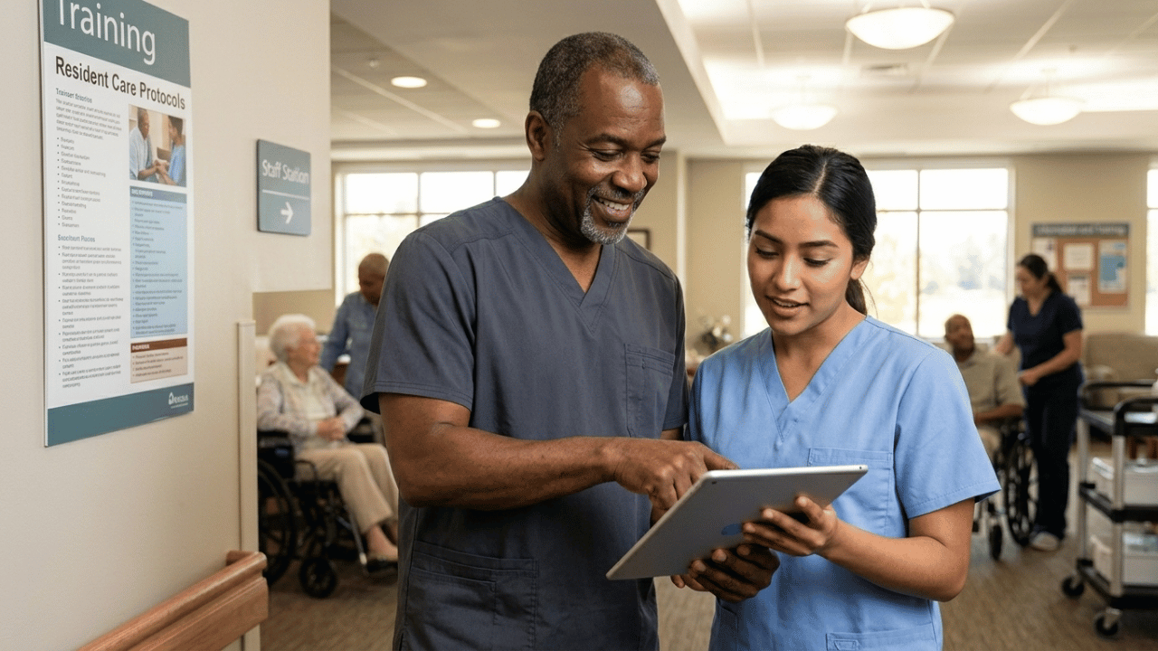 A senior CNA in grey scrubs points to a tablet while mentoring a young CNA in blue scrubs, representing career growth.