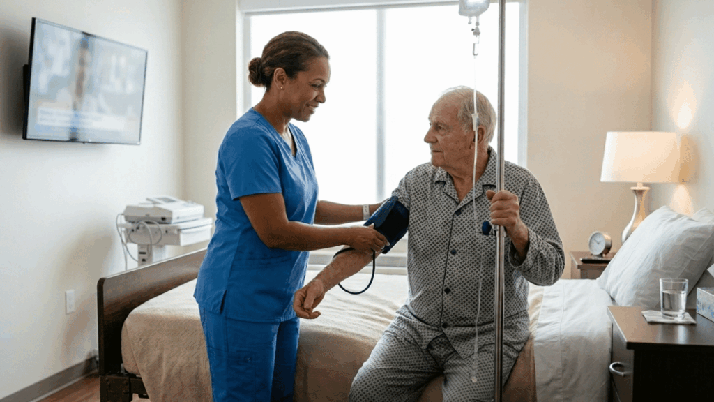 A smiling Latina CNA in blue scrubs adjusts a blood pressure cuff on an elderly male patient sitting on a bed.