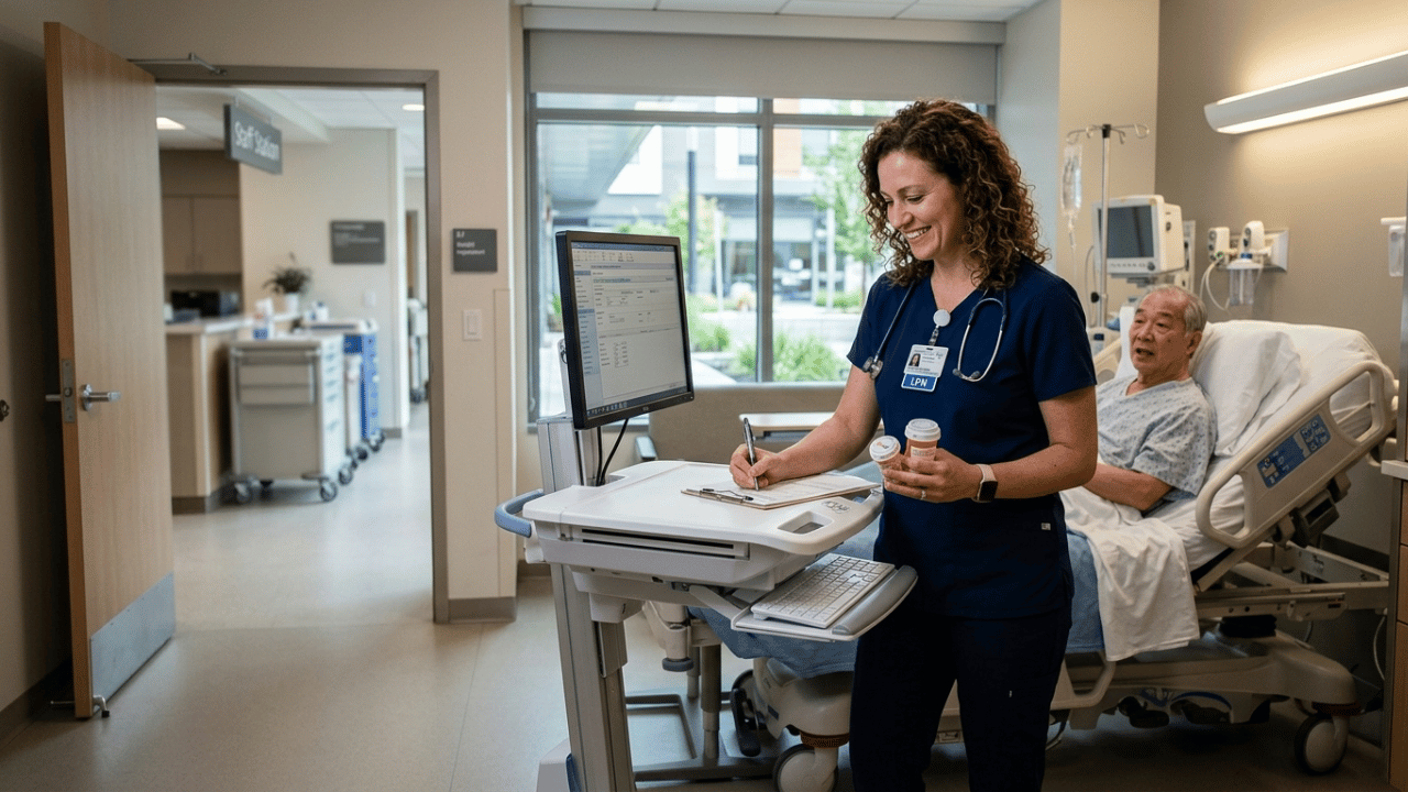 A smiling LPN in dark scrubs holds medication bottles and updates an electronic chart on a computer cart beside an elderly patient.