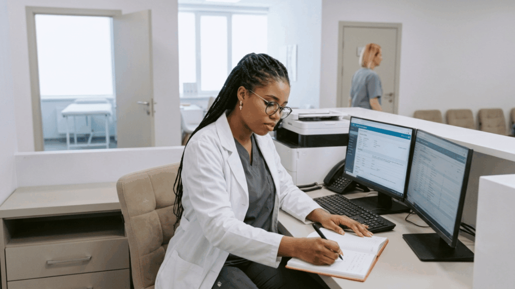 A Medical Assistant in a lab coat and grey scrubs sits at a clinic reception desk, typing on a computer and writing in a chart.