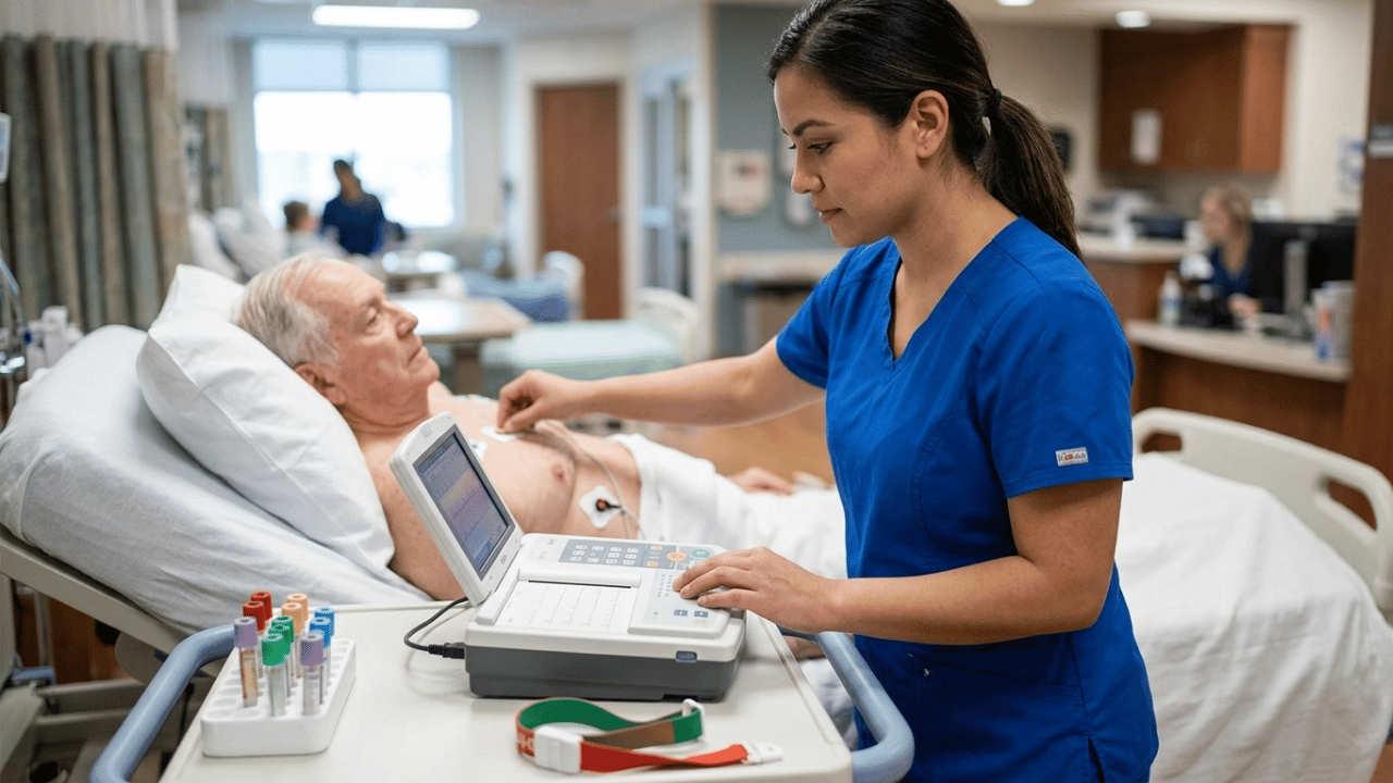 A care provider in scrubs performs an EKG test at a hospital bedside; phlebotomy tubes are visible nearby.