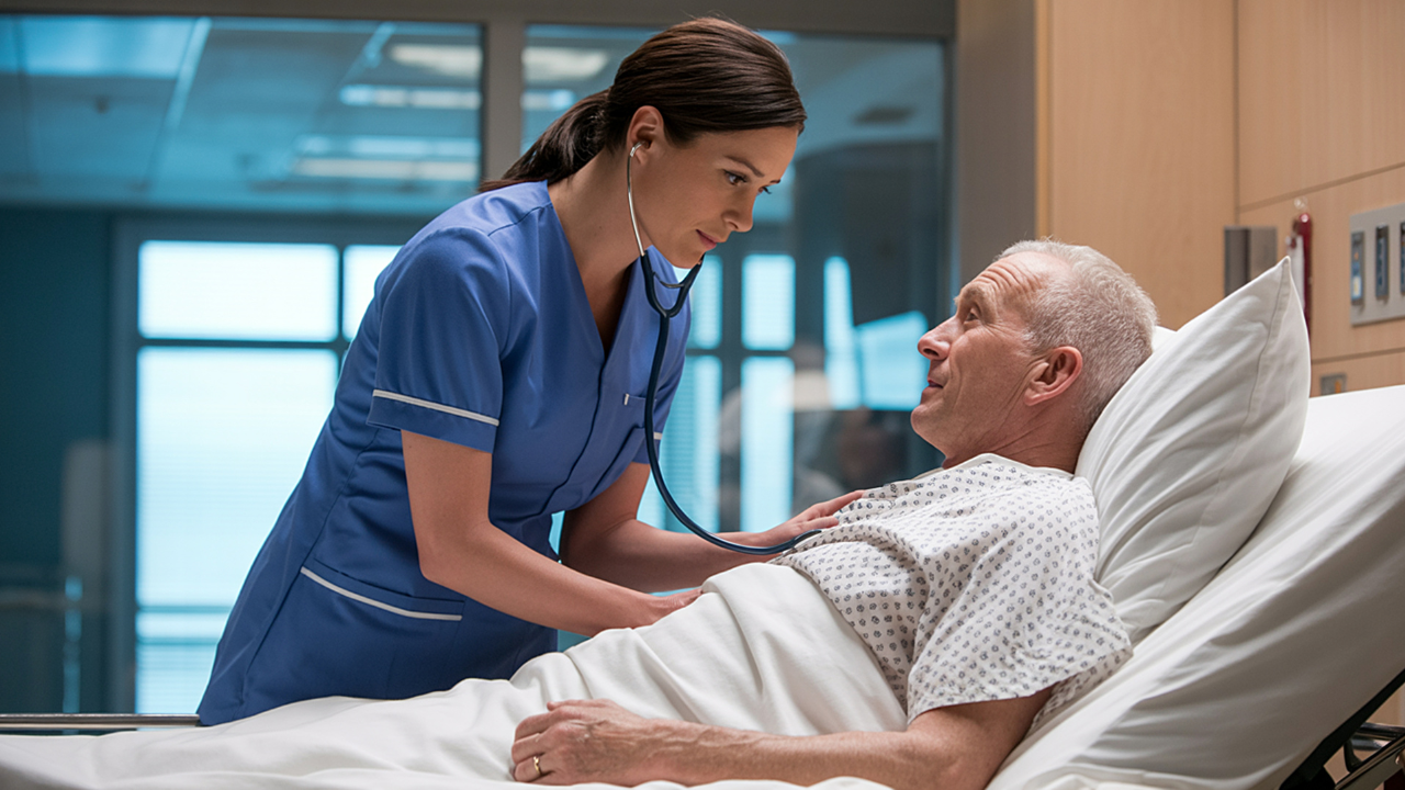 Certified nursing assistant providing bedside care and monitoring an elderly patient in a healthcare facility room.