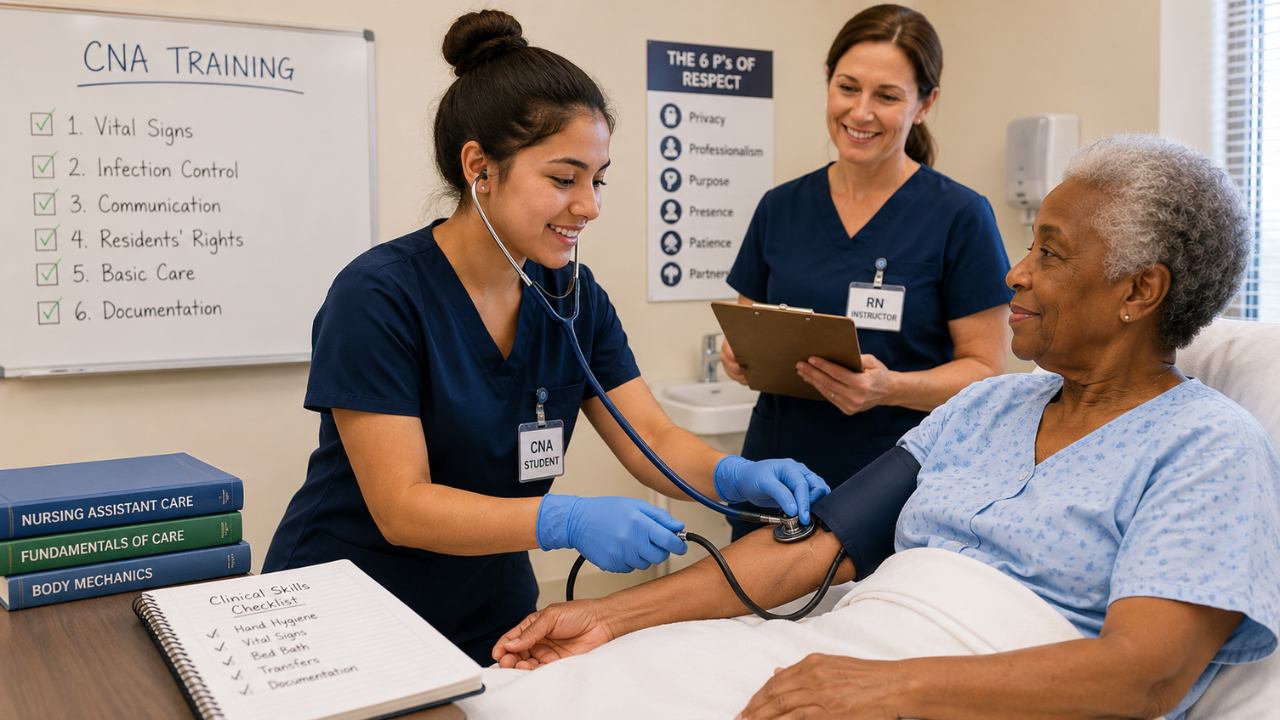 A CNA student takes blood pressure on a patient while supervised by an RN instructor, transitioning from classroom to clinical care.