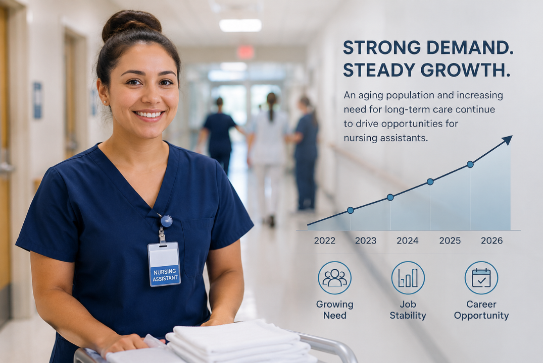 Infographic showing a smiling female nursing assistant next to a rising growth chart from 2022 to 2026.
