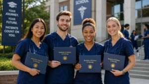 Nursing graduates in scrubs holding diplomas after completing RN education programs and preparing for licensure.