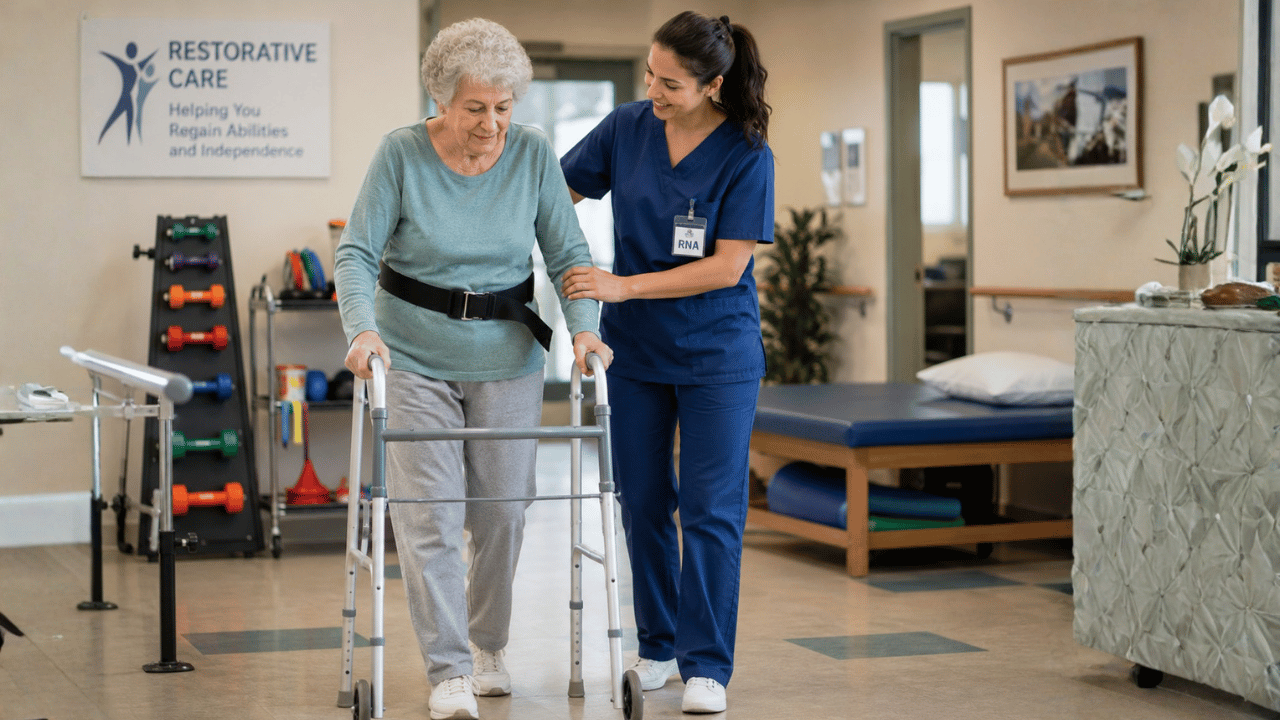 Restorative nursing assistant helping a resident practice walking with a gait belt and walker during rehabilitation.